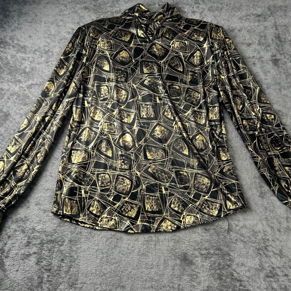 Lauren Lee Vintage Gold Black Geometric Mock Neck Blouse Long Sleeve Top size 12 - Picture 6 of 8